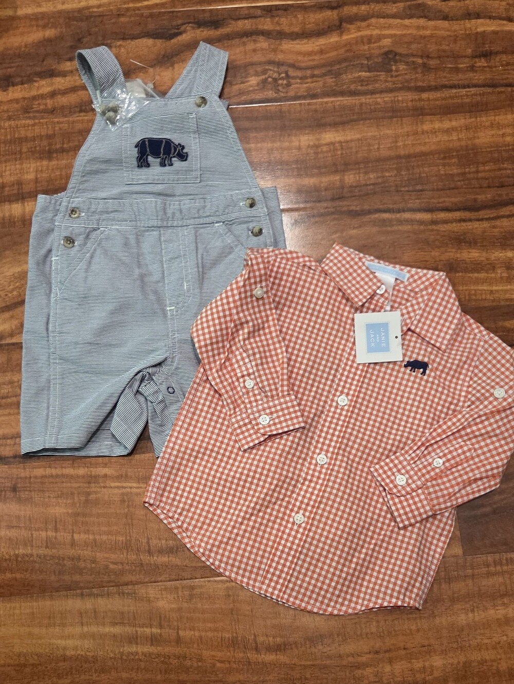 Janie and Jack 6-12 Months Orange Gingham Button Down Shirt, Striped Shortalls